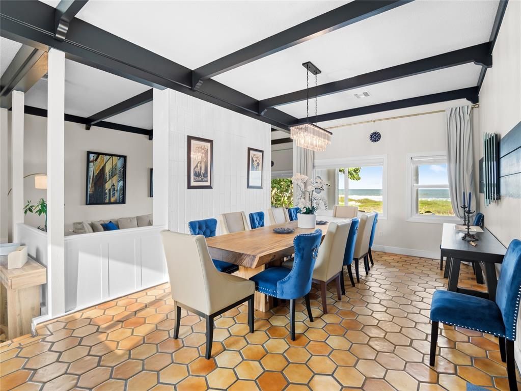 Chandelier, Dining room, Interior, Water, Wooden Beams