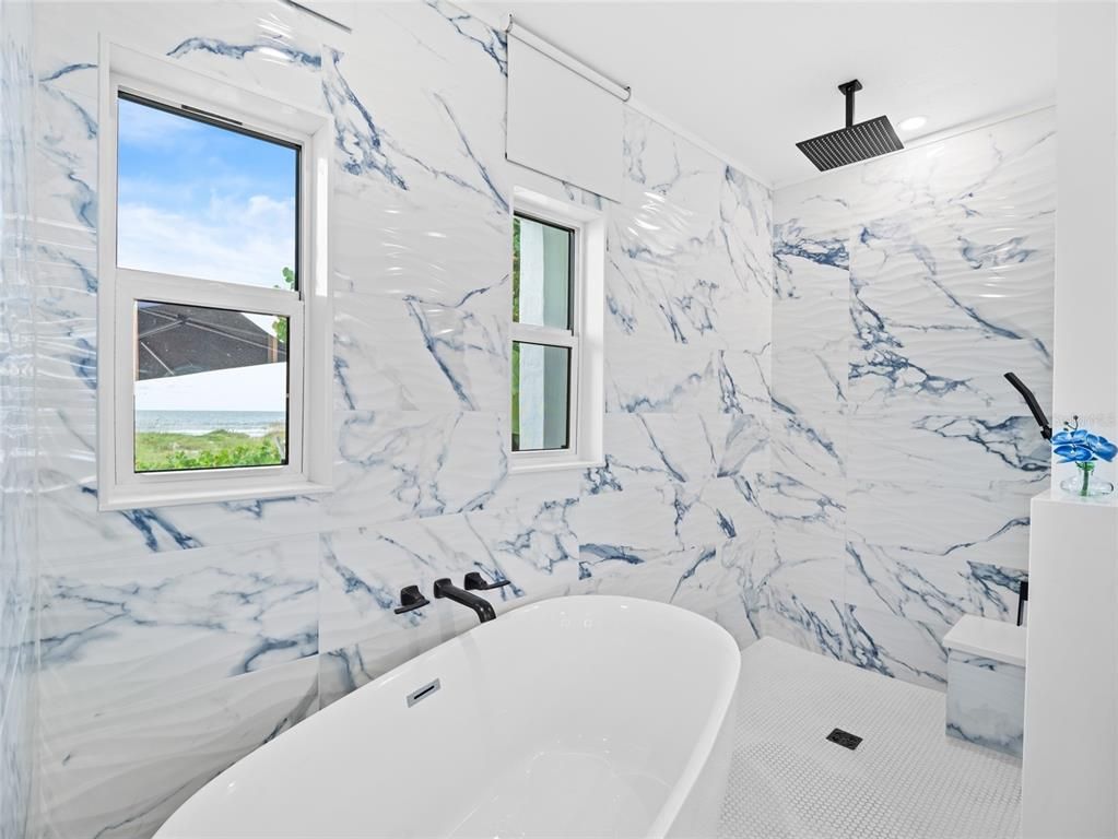 Bathroom, Free Standing Baths, Interior, Marble Walls, Recessed Lighting