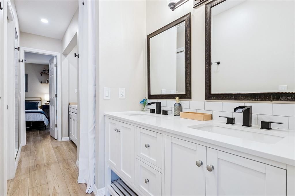 Bathroom, Bedroom, Dual Sink Vanities, Interior, Recessed Lighting, Wood Texture Flooring