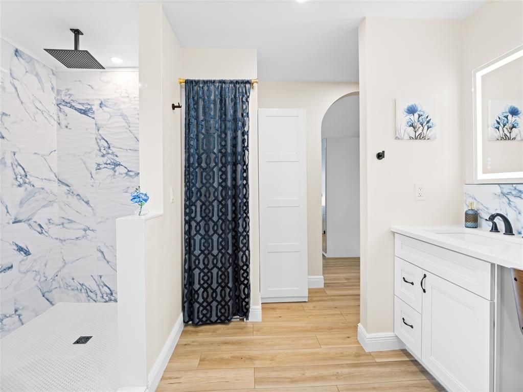 Interior, Marble Walls, Recessed Lighting, Wood Texture Flooring