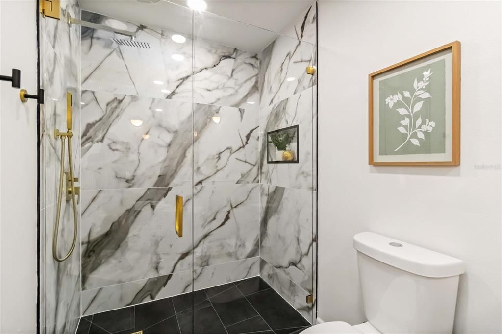 Bathroom, Glass Shower, Interior, Marble Walls, Recessed Lighting