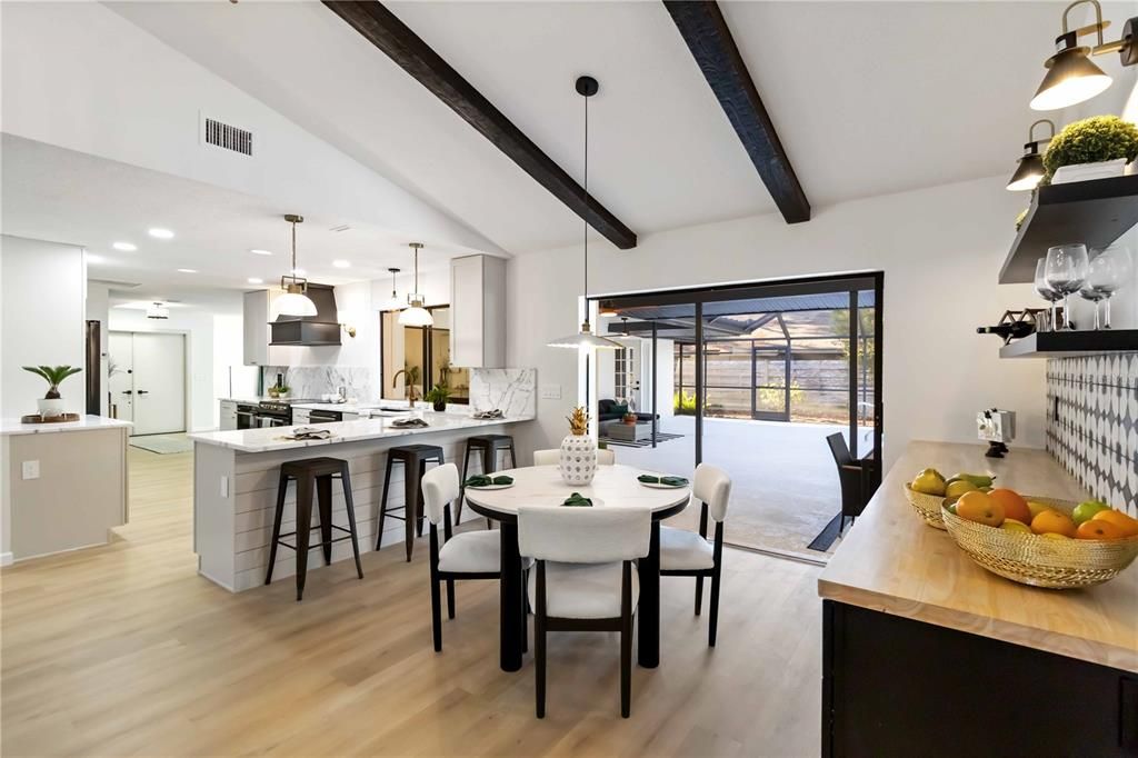 Dining room, Interior, Kitchen, Pendant Lights, Recessed Lighting, Wooden Beams, Wood Texture Flooring
