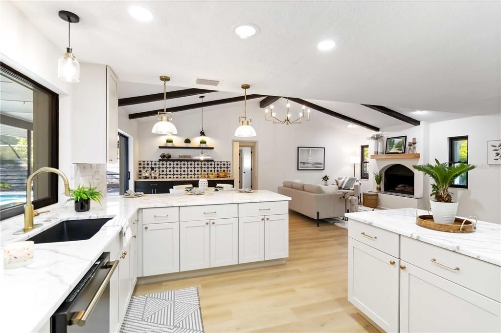 Fireplace, Interior, Kitchen, Living room, Pendant Lights, Recessed Lighting, Wood Texture Flooring