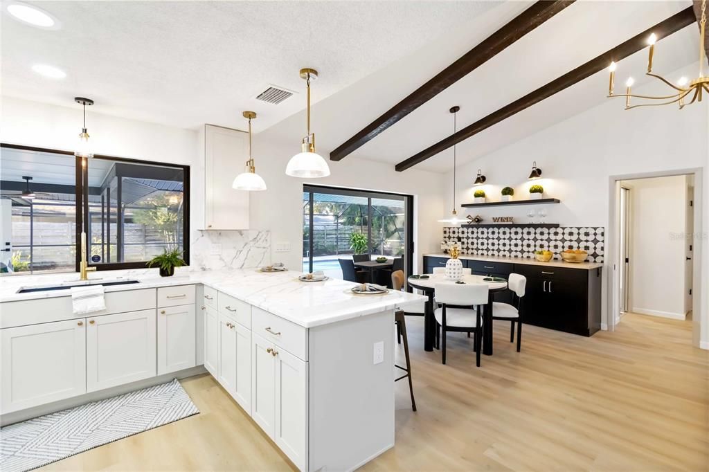Dining room, Interior, Kitchen, Pendant Lights, Recessed Lighting, Wooden Beams, Wood Texture Flooring