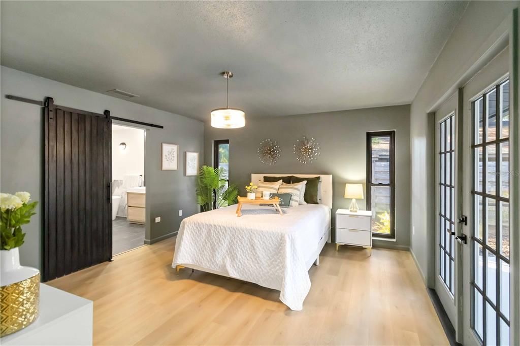 Bedroom, Interior, Pendant Lights, Wood Texture Flooring