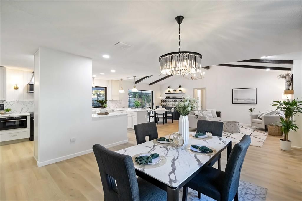 Chandelier, Dining room, Interior, Kitchen, Living room, Pendant Lights, Recessed Lighting, Wood Texture Flooring