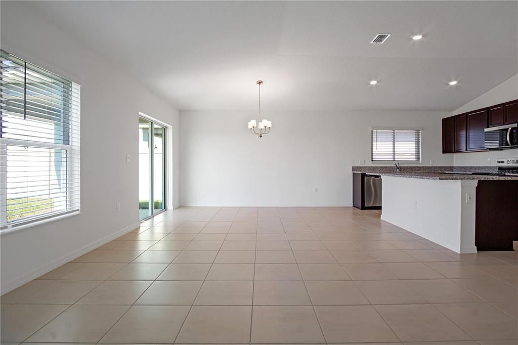 Chandelier, Empty room, Interior, Kitchen, Recessed Lighting, Stainless Steel Appliances
