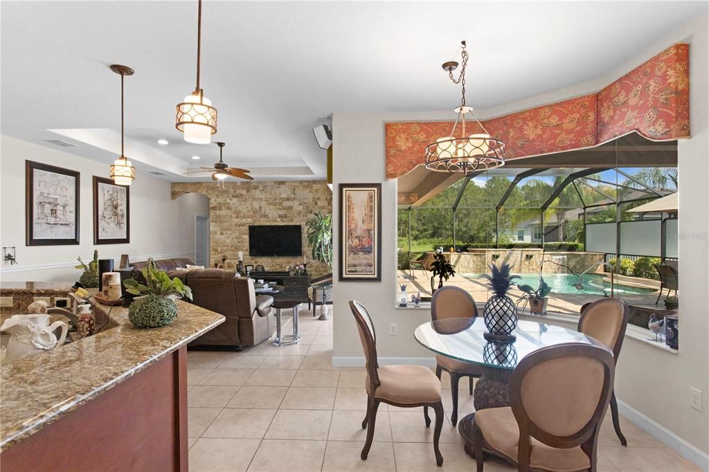 Dining room, Interior, Living room, Pendant Lights, Recessed Lighting, Stone Walls