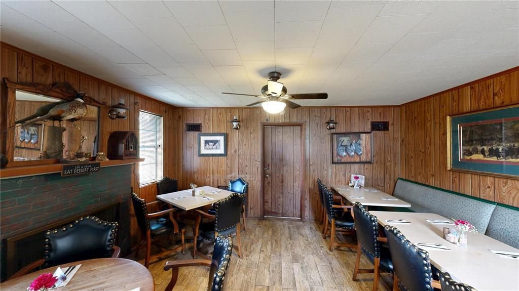 Dining room, Fireplace, Interior, Stone Walls, Wood Texture Flooring, Wooden Walls