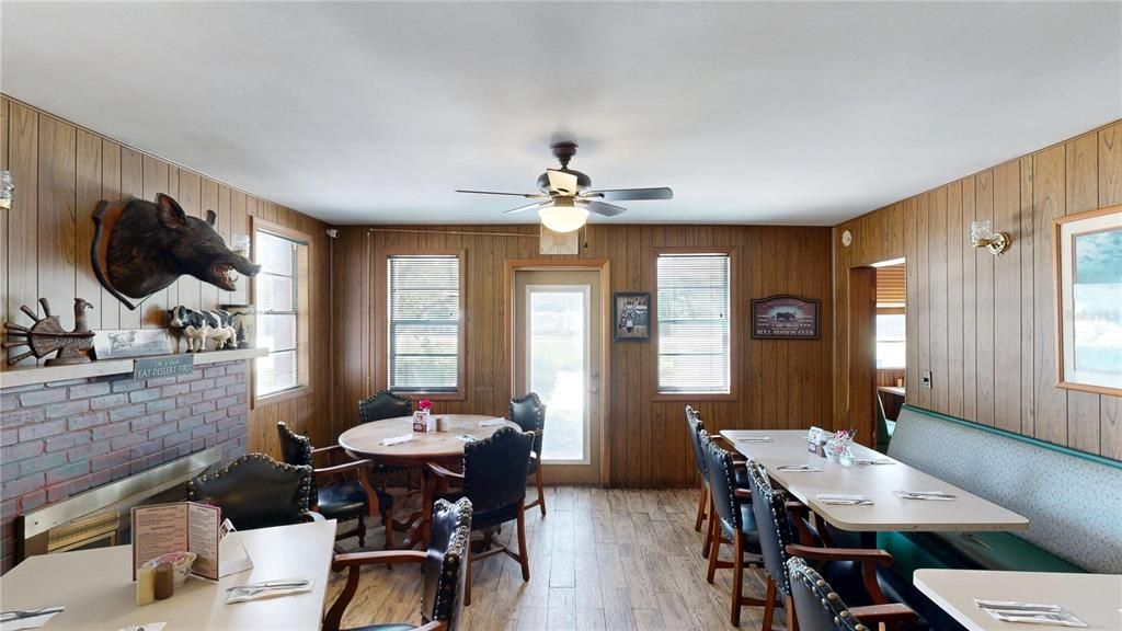 Dining room, Fireplace, Interior, Stone Walls, Wood Texture Flooring, Wooden Walls