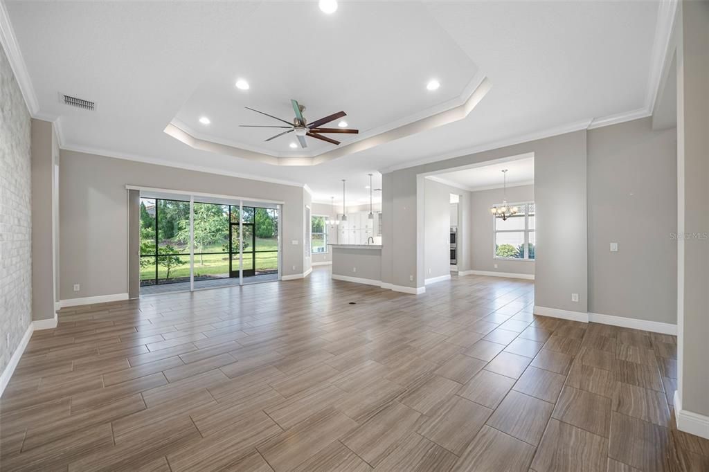 Chandelier, Empty room, Interior, Pendant Lights, Recessed Lighting, Wood Texture Flooring