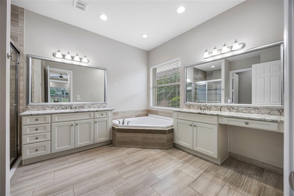 Bathroom, Dual Sink Vanities, Interior, Recessed Lighting, Wood Texture Flooring