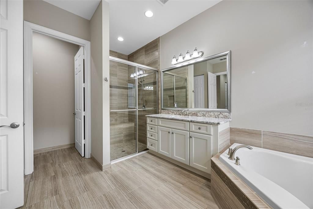Bathroom, Glass Shower, Interior, Recessed Lighting, Wood Texture Flooring