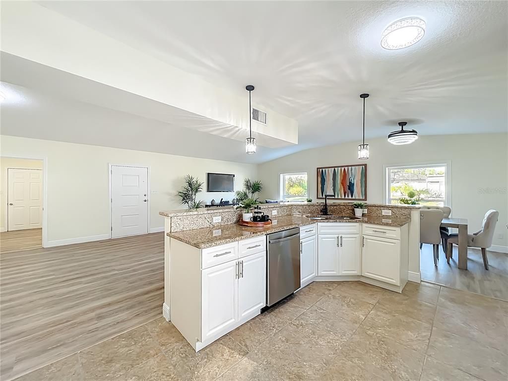 Dining room, Interior, Kitchen, Pendant Lights, Wood Texture Flooring