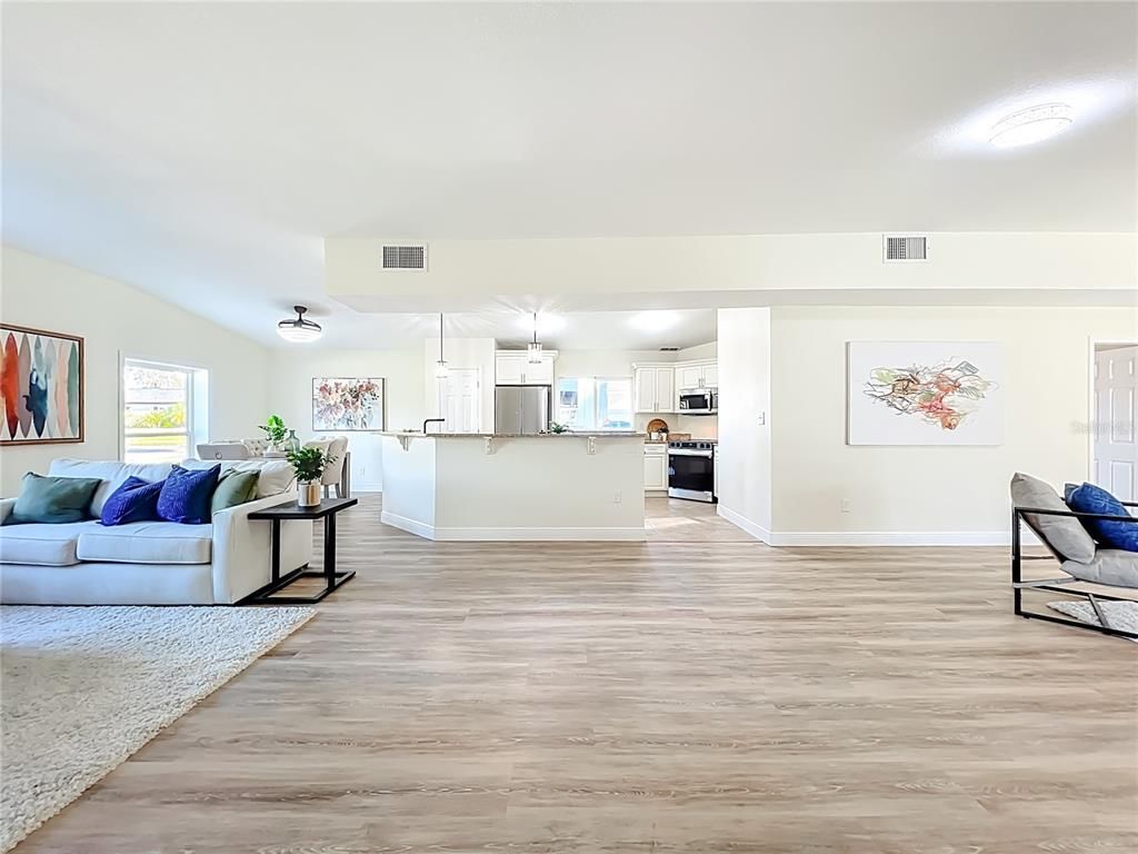 Interior, Kitchen, Living room, Pendant Lights, Stainless Steel Appliances, Wood Texture Flooring