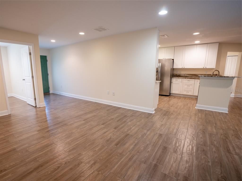 Empty room, Interior, Kitchen, Recessed Lighting, Wood Texture Flooring