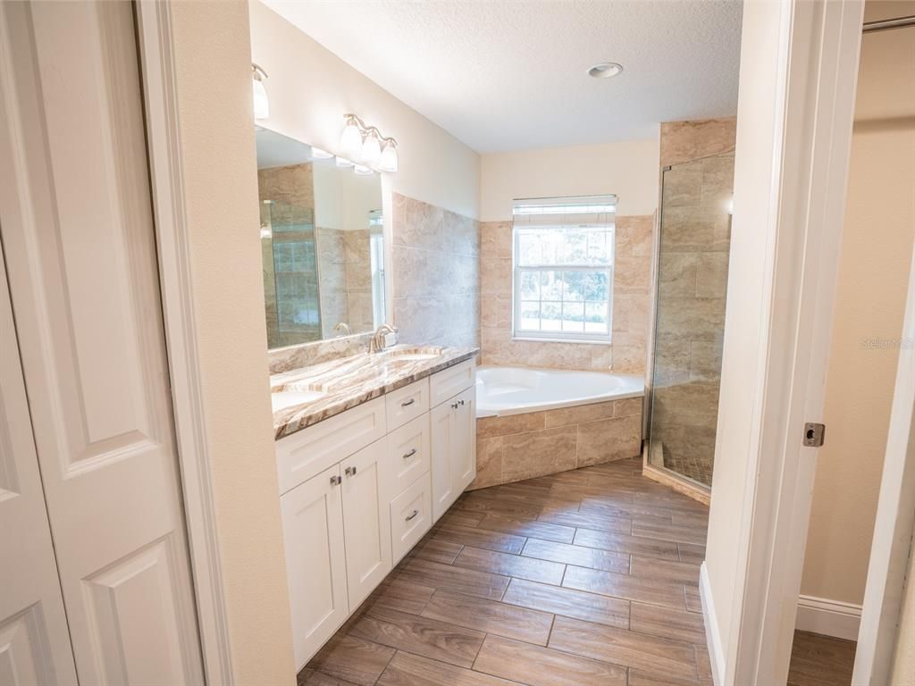 Bathroom, Glass Shower, Interior, Recessed Lighting, Wood Texture Flooring