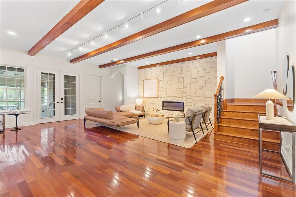 Fireplace, Interior, Living room, Recessed Lighting, Stone Walls, Wooden Beams, Wood Texture Flooring