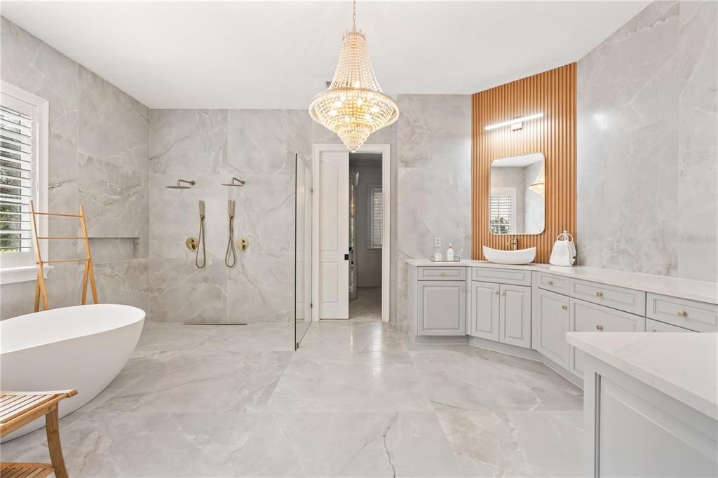 Bathroom, Chandelier, Free Standing Baths, Interior, Marble, Marble Walls