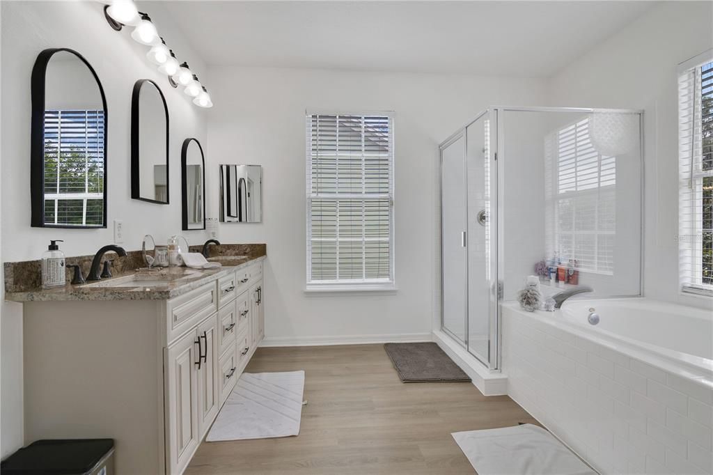 Bathroom, Dual Sink Vanities, Glass Shower, Interior, Wood Texture Flooring