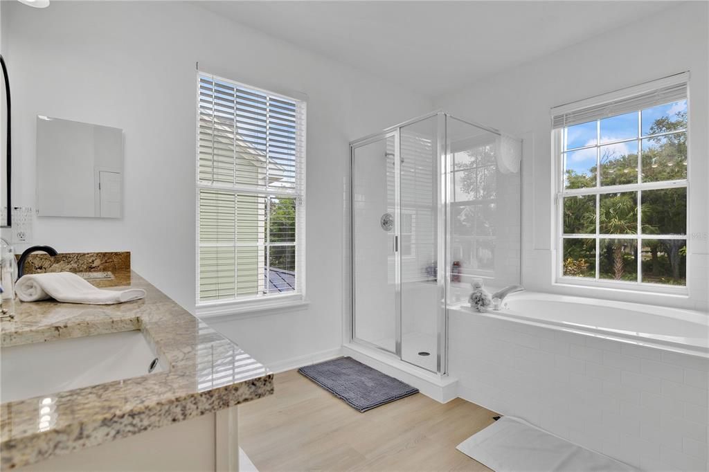 Bathroom, Glass Shower, Interior, Wood Texture Flooring