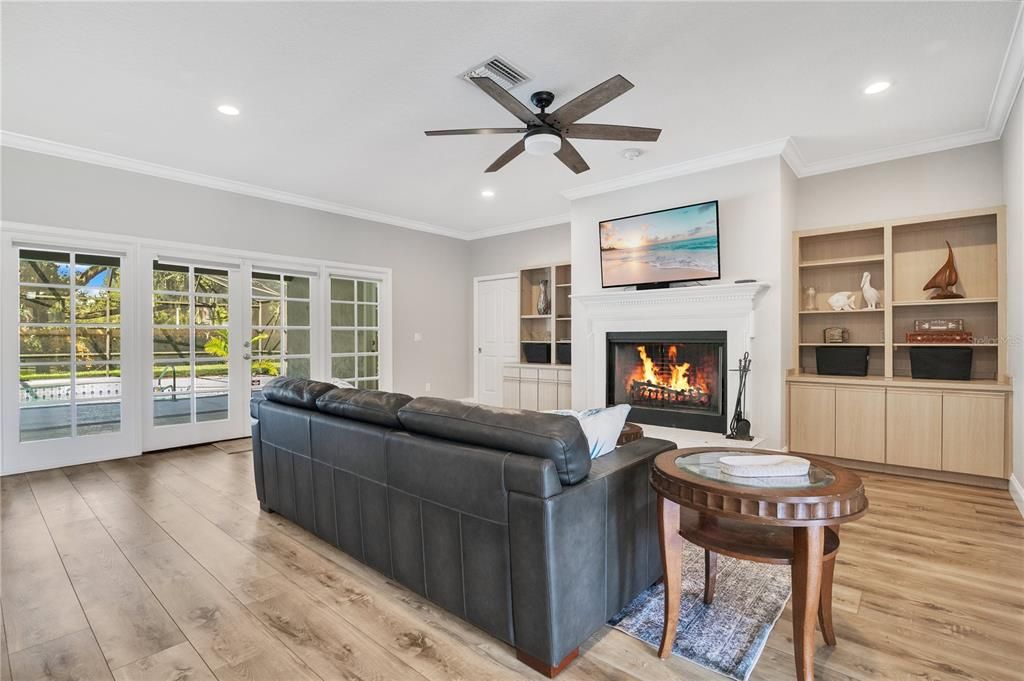 Fireplace, Interior, Living room, Recessed Lighting, Wood Texture Flooring