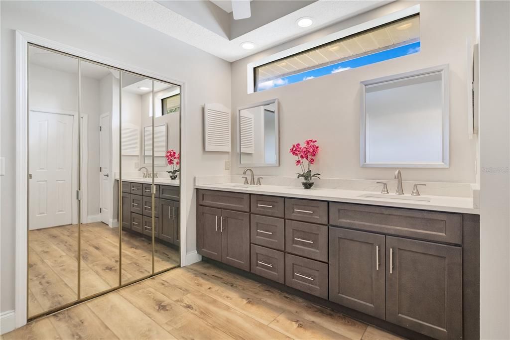 Bathroom, Dual Sink Vanities, Interior, Recessed Lighting, Wood Texture Flooring