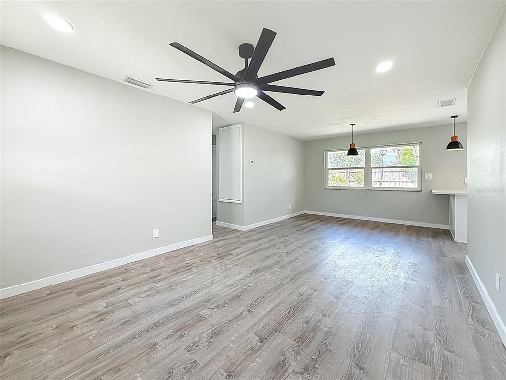Empty room, Interior, Pendant Lights, Recessed Lighting, Wood Texture Flooring