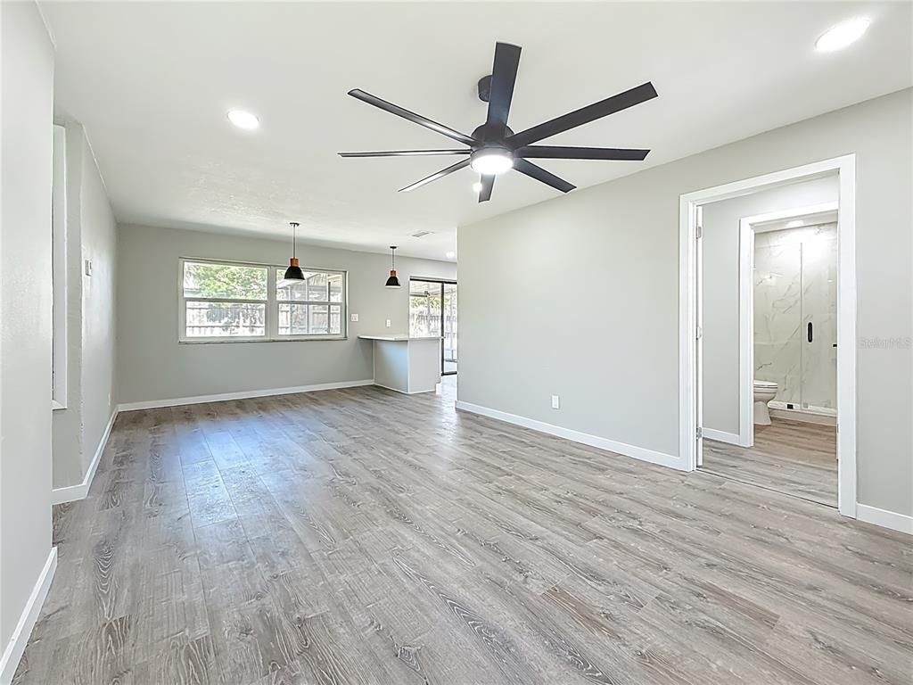 Empty room, Interior, Pendant Lights, Recessed Lighting, Wood Texture Flooring