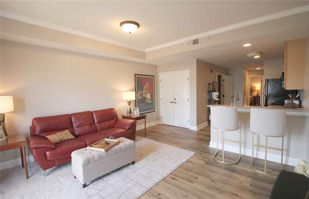 Interior, Kitchen, Living room, Recessed Lighting, Wood Texture Flooring