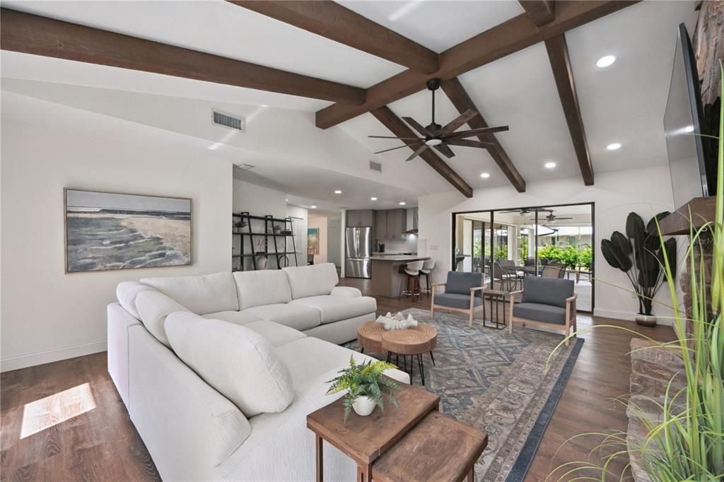 Interior, Kitchen, Living room, Recessed Lighting, Stainless Steel Appliances, Wooden Beams, Wood Texture Flooring