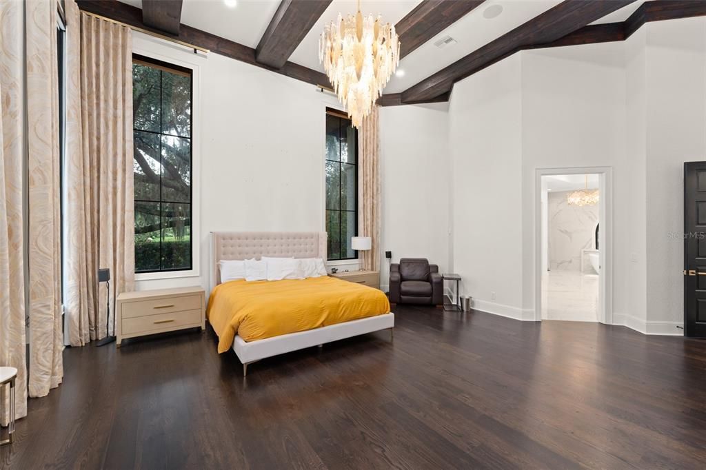 Bedroom, Chandelier, Interior, Recessed Lighting, Wooden Beams, Wood Texture Flooring