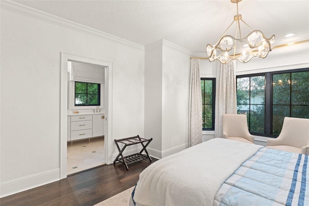 Bedroom, Interior, Pendant Lights, Recessed Lighting, Wood Texture Flooring