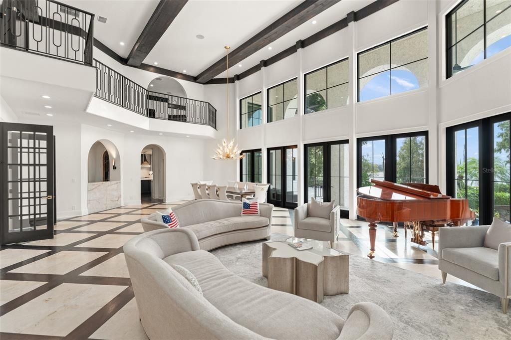 Dining room, Interior, Living room, Piano, Recessed Lighting, Wooden Beams