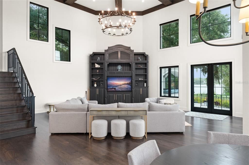 Chandelier, Interior, Living room, Wood Texture Flooring