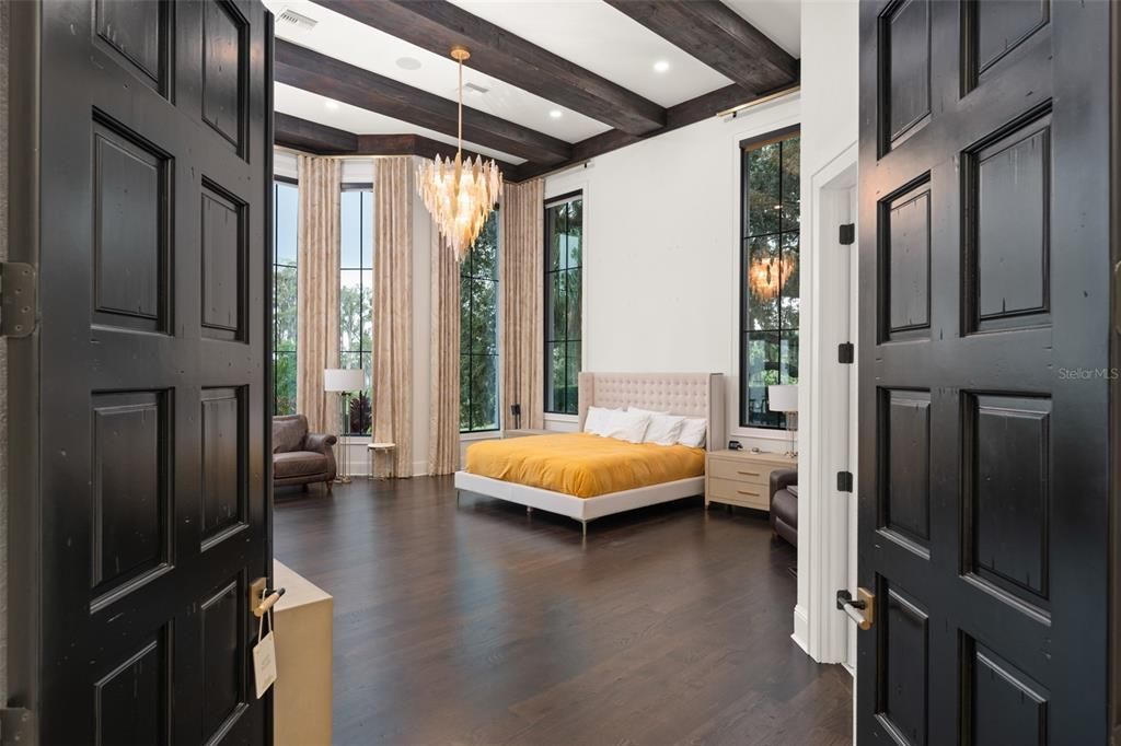 Bedroom, Chandelier, Interior, Recessed Lighting, Wooden Beams, Wood Texture Flooring