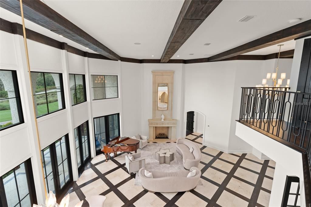 Chandelier, Fireplace, Interior, Pendant Lights, Recessed Lighting, Wooden Beams
