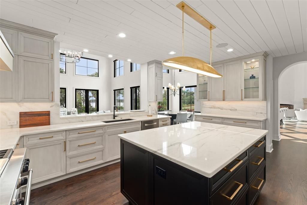 Chandelier, Interior, Kitchen, Pendant Lights, Recessed Lighting, Stainless Steel Appliances, Wood Texture Flooring