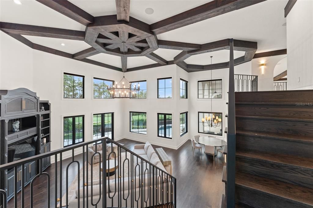 Chandelier, Interior, Pendant Lights, Recessed Lighting, Wooden Beams, Wood Texture Flooring