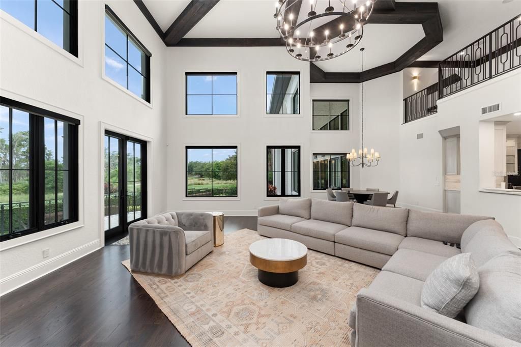 Chandelier, Dining room, Interior, Living room, Wooden Beams, Wood Texture Flooring