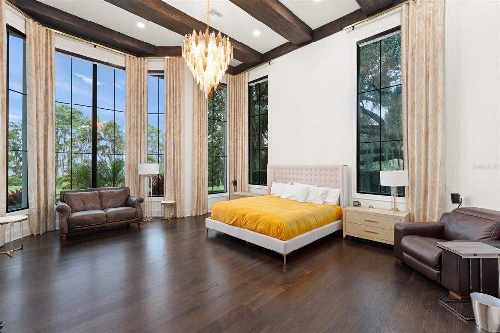 Bedroom, Chandelier, Interior, Recessed Lighting, Wooden Beams, Wood Texture Flooring