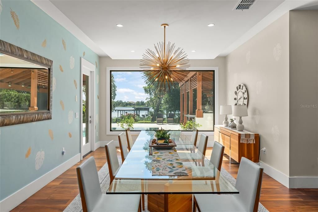 Dining room, Interior, Pendant Lights, Recessed Lighting, Wood Texture Flooring