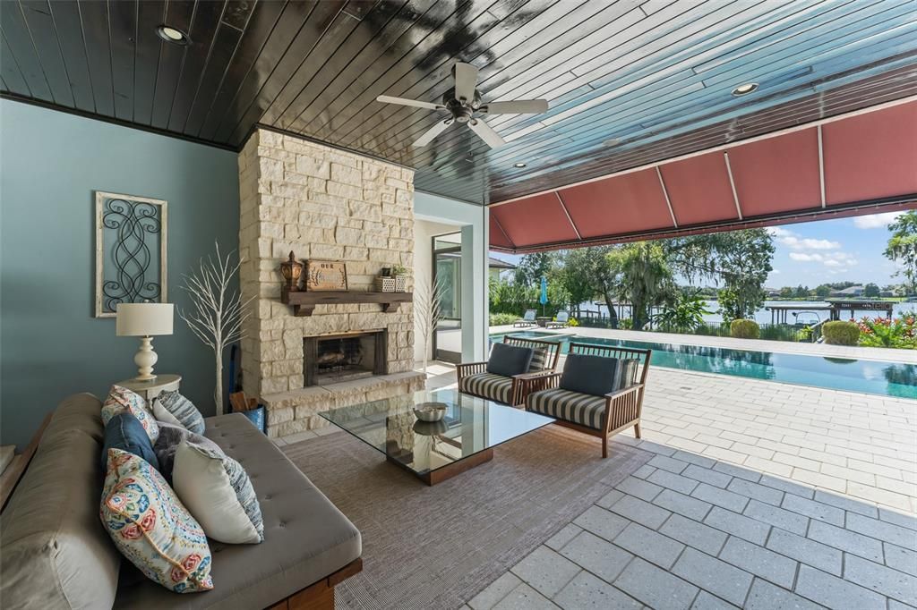 Exterior, Fireplace, Living room, Pool