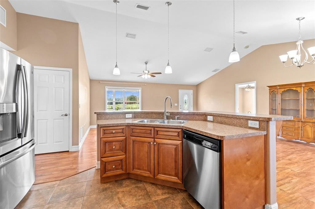 Chandelier, Interior, Kitchen, Pendant Lights, Stainless Steel Appliances, Wood Texture Flooring