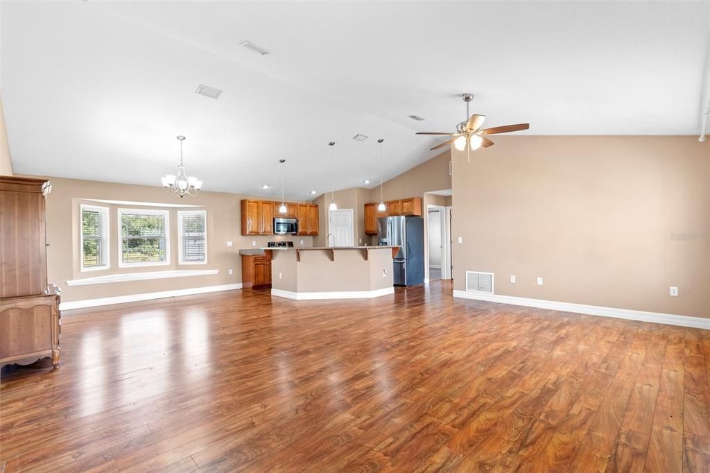 Chandelier, Empty room, Interior, Kitchen, Pendant Lights, Recessed Lighting, Wood Texture Flooring