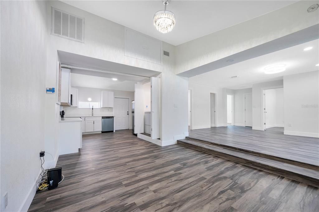 Chandelier, Interior, Kitchen, Recessed Lighting, Wood Texture Flooring