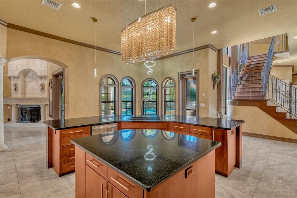 Chandelier, Fireplace, Interior, Kitchen, Pendant Lights, Recessed Lighting