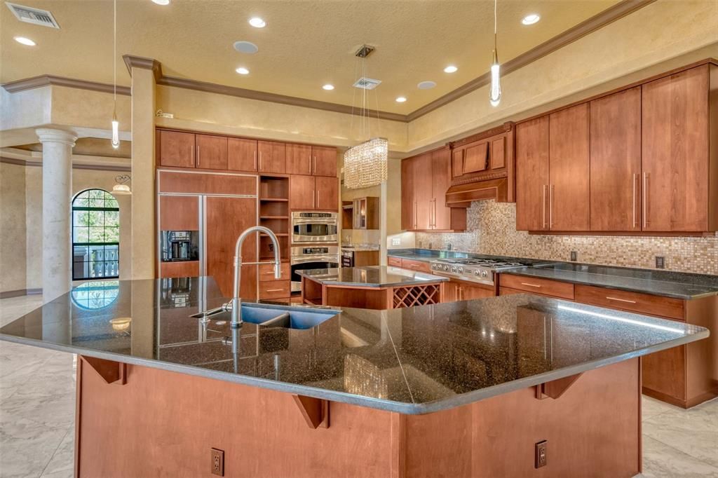 Interior, Kitchen, Marble, Pendant Lights, Recessed Lighting, Stainless Steel Appliances