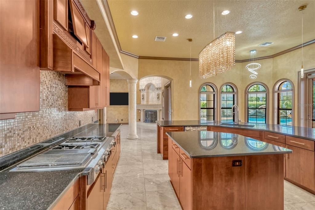 Chandelier, Fireplace, Interior, Kitchen, Marble, Pendant Lights, Recessed Lighting