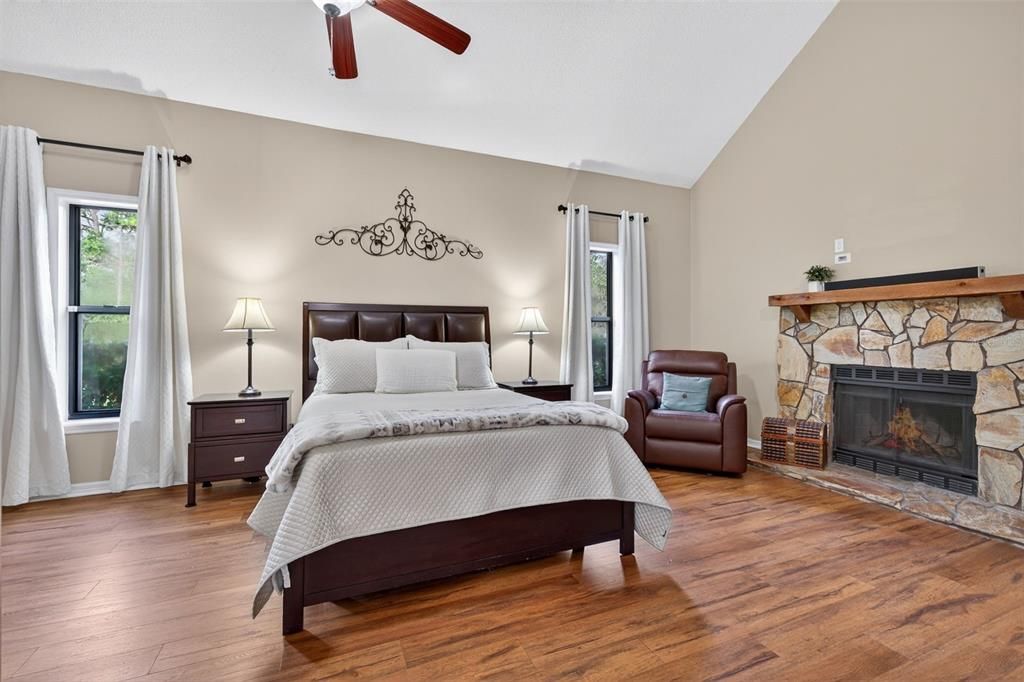 Bedroom, Fireplace, Interior, Wood Texture Flooring